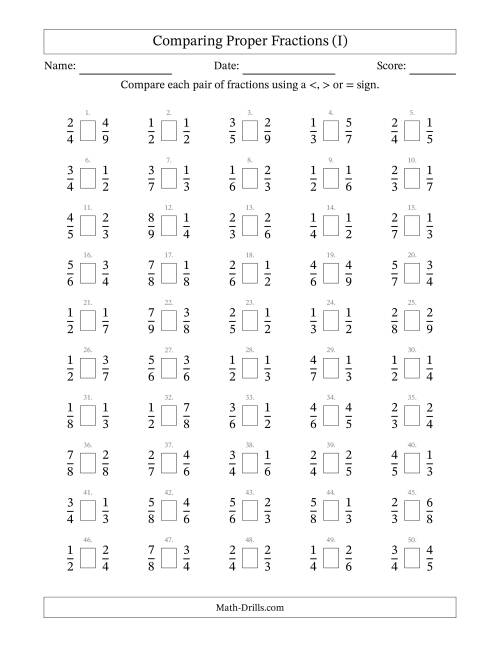 The Comparing Simple Fractions to 9ths (I) Math Worksheet