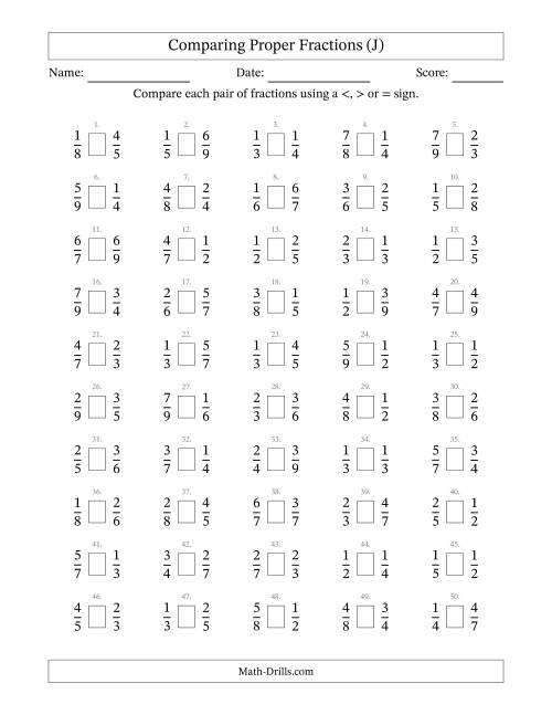 The Comparing Simple Fractions to 9ths (J) Math Worksheet