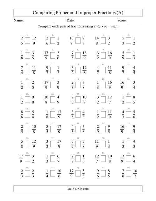 The Comparing Improper Fractions to 9ths (A) Math Worksheet