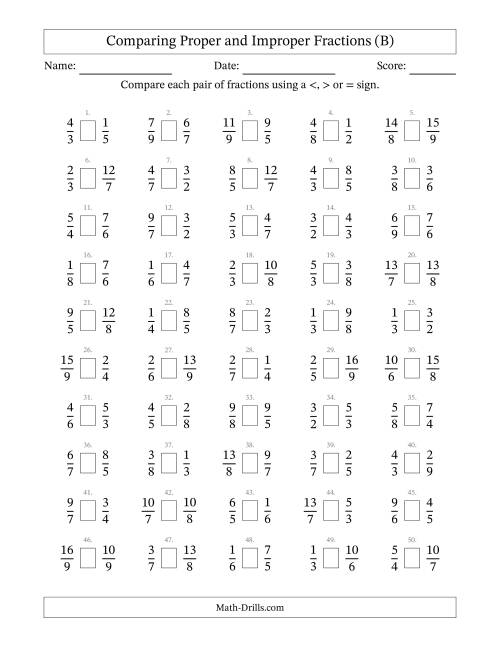 The Comparing Proper and Improper Fractions to Ninths (B) Math Worksheet