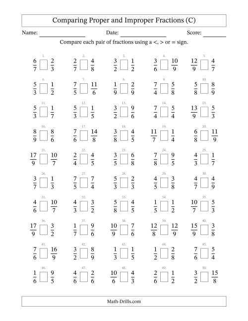 The Comparing Proper and Improper Fractions to Ninths (C) Math Worksheet