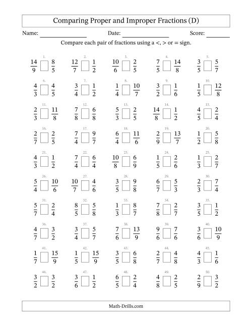 The Comparing Proper and Improper Fractions to Ninths (D) Math Worksheet
