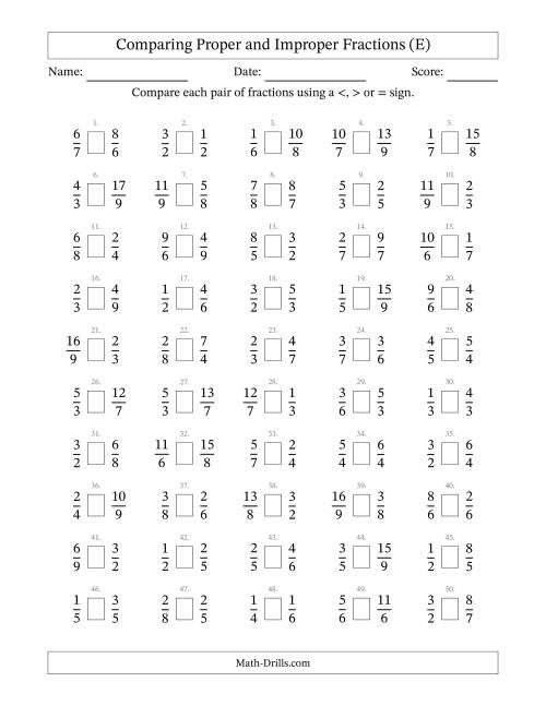 The Comparing Proper and Improper Fractions to Ninths (E) Math Worksheet