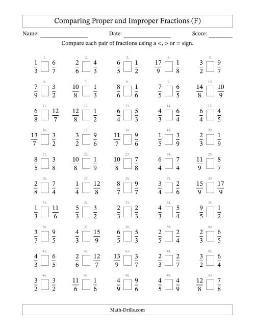 The Comparing Proper and Improper Fractions to Ninths (F) Math Worksheet
