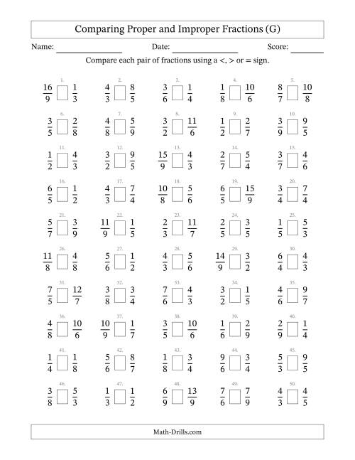 The Comparing Proper and Improper Fractions to Ninths (G) Math Worksheet