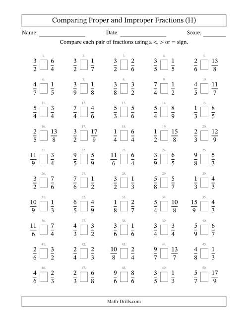 The Comparing Proper and Improper Fractions to Ninths (H) Math Worksheet