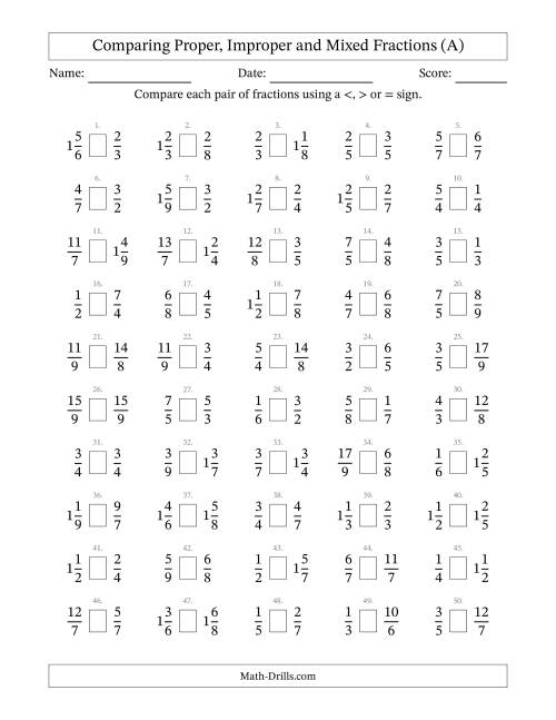The Comparing Proper, Improper and Mixed Fractions to Ninths (A) Math Worksheet