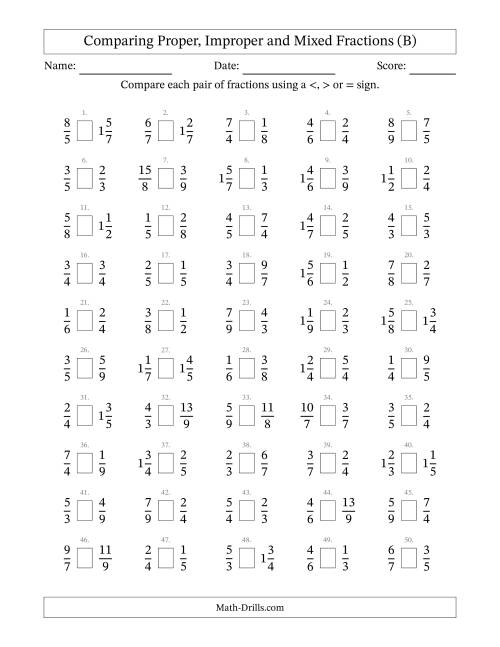 The Comparing Proper, Improper and Mixed Fractions to Ninths (B) Math Worksheet