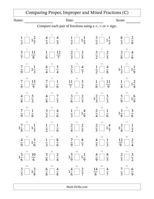 The Comparing Proper, Improper and Mixed Fractions to Ninths (C) Math Worksheet