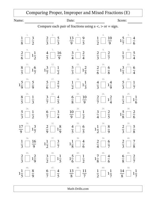 The Comparing Proper, Improper and Mixed Fractions to Ninths (E) Math Worksheet
