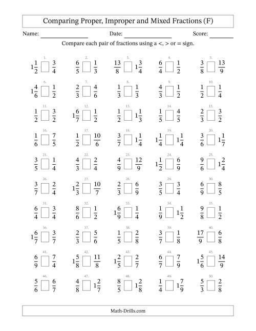 The Comparing Proper, Improper and Mixed Fractions to Ninths (F) Math Worksheet