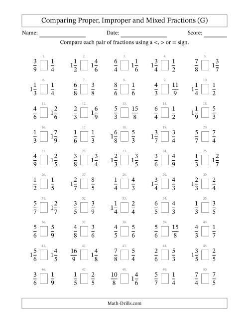 The Comparing Proper, Improper and Mixed Fractions to Ninths (G) Math Worksheet