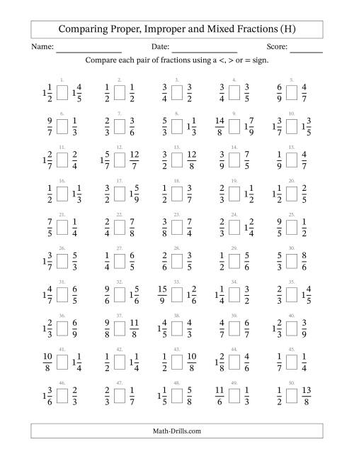 The Comparing Proper, Improper and Mixed Fractions to Ninths (H) Math Worksheet