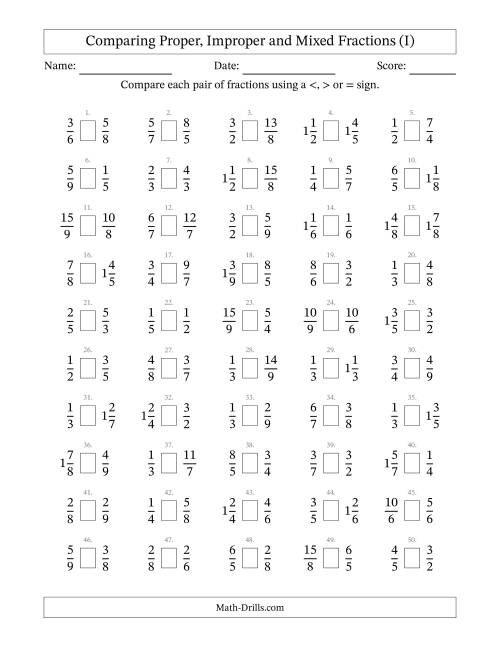 The Comparing Proper, Improper and Mixed Fractions to Ninths (I) Math Worksheet