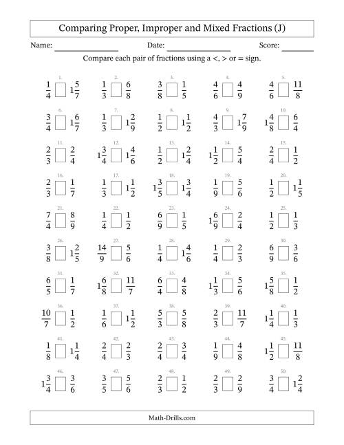 The Comparing Proper, Improper and Mixed Fractions to Ninths (J) Math Worksheet