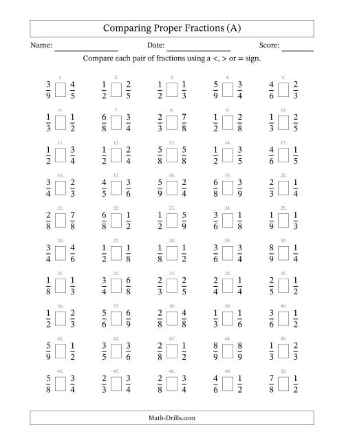 The Comparing Simple Fractions to 9ths -- No 7ths (A) Math Worksheet