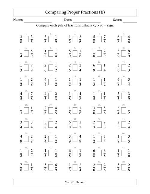 The Comparing Simple Fractions to 9ths -- No 7ths (B) Math Worksheet