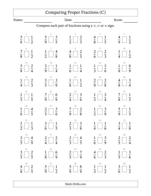 The Comparing Simple Fractions to 9ths -- No 7ths (C) Math Worksheet