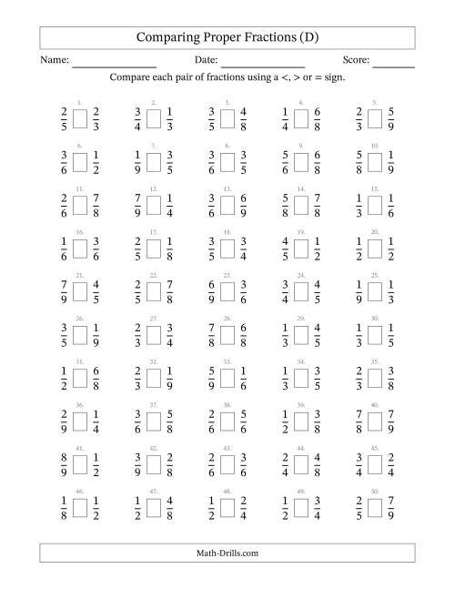 The Comparing Proper Fractions to Ninths (No Sevenths) (D) Math Worksheet