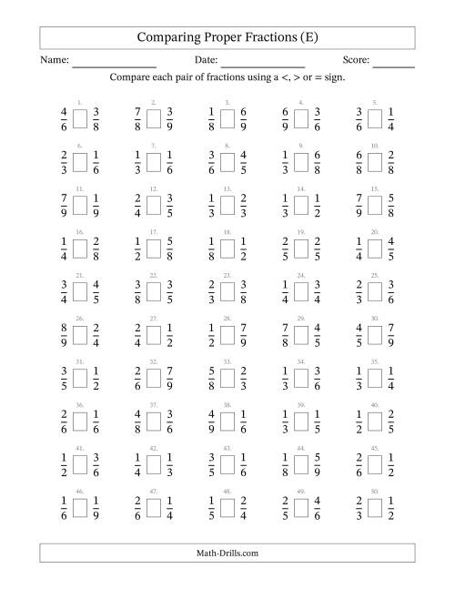 The Comparing Simple Fractions to 9ths -- No 7ths (E) Math Worksheet