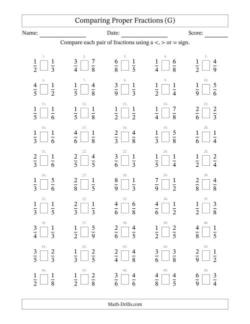 The Comparing Simple Fractions to 9ths -- No 7ths (G) Math Worksheet