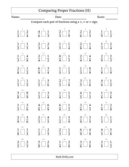 The Comparing Simple Fractions to 9ths -- No 7ths (H) Math Worksheet