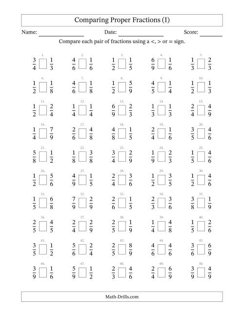 The Comparing Simple Fractions to 9ths -- No 7ths (I) Math Worksheet