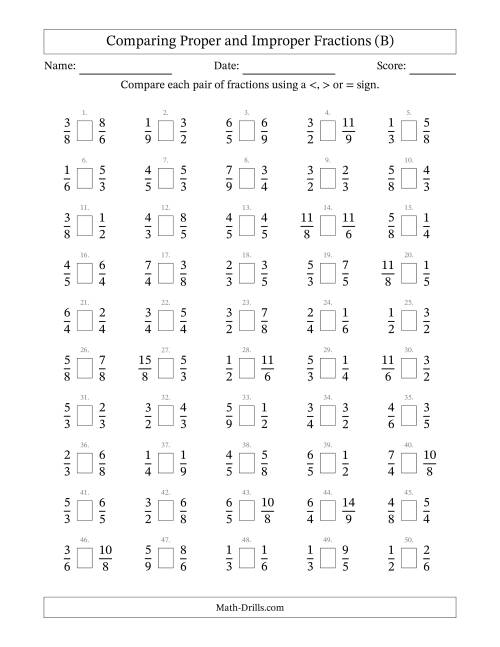 The Comparing Improper Fractions to 9ths -- No 7ths (B) Math Worksheet