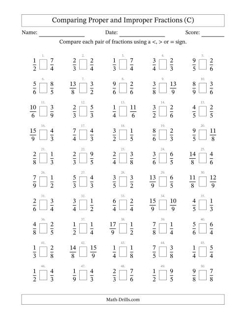 The Comparing Improper Fractions to 9ths -- No 7ths (C) Math Worksheet