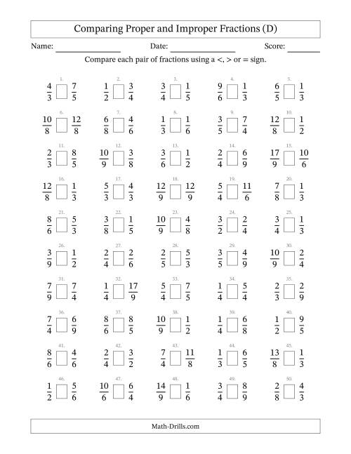 The Comparing Improper Fractions to 9ths -- No 7ths (D) Math Worksheet