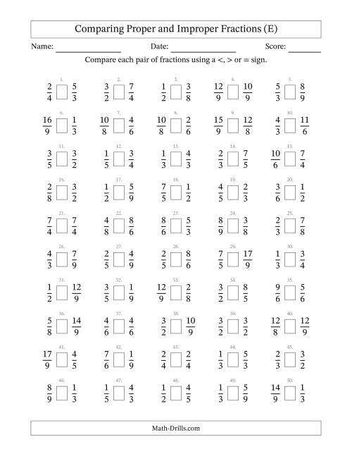 The Comparing Proper and Improper Fractions to Ninths (No Sevenths) (E) Math Worksheet