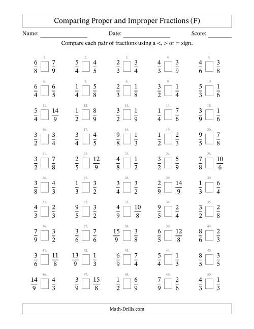 The Comparing Improper Fractions to 9ths -- No 7ths (F) Math Worksheet