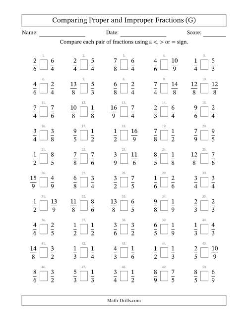 The Comparing Improper Fractions to 9ths -- No 7ths (G) Math Worksheet