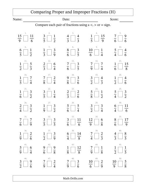 The Comparing Improper Fractions to 9ths -- No 7ths (H) Math Worksheet