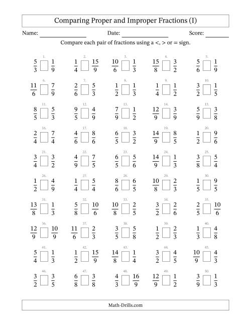 The Comparing Improper Fractions to 9ths -- No 7ths (I) Math Worksheet