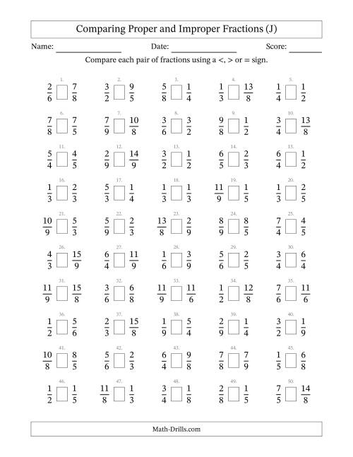 The Comparing Proper and Improper Fractions to Ninths (No Sevenths) (J) Math Worksheet
