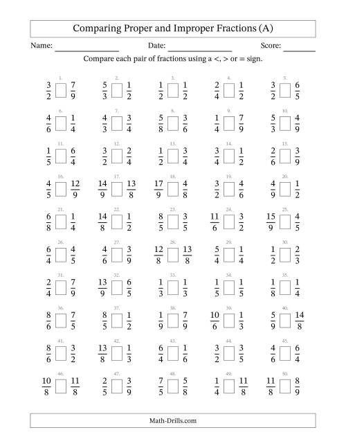 The Comparing Improper Fractions to 9ths -- No 7ths (All) Math Worksheet
