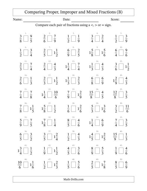 The Comparing Mixed Fractions to 9ths -- No 7ths (B) Math Worksheet