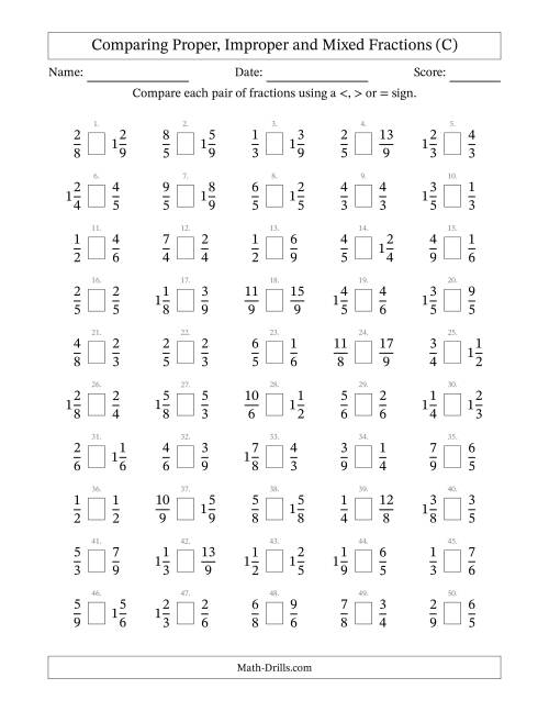 The Comparing Proper, Improper and Mixed Fractions to Ninths (No Sevenths) (C) Math Worksheet