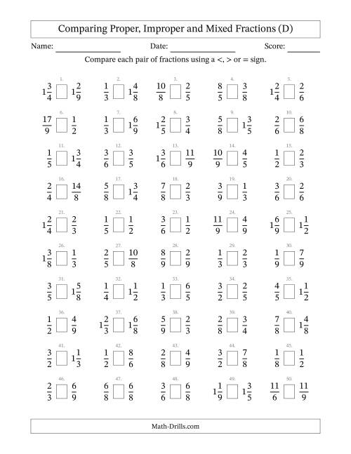 The Comparing Mixed Fractions to 9ths -- No 7ths (D) Math Worksheet
