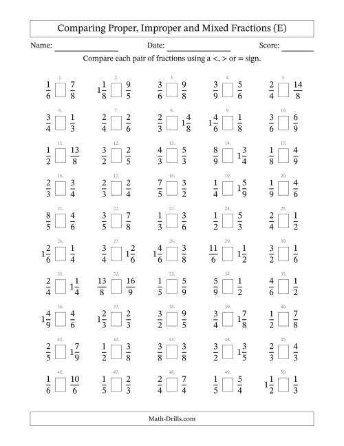 The Comparing Mixed Fractions to 9ths -- No 7ths (E) Math Worksheet