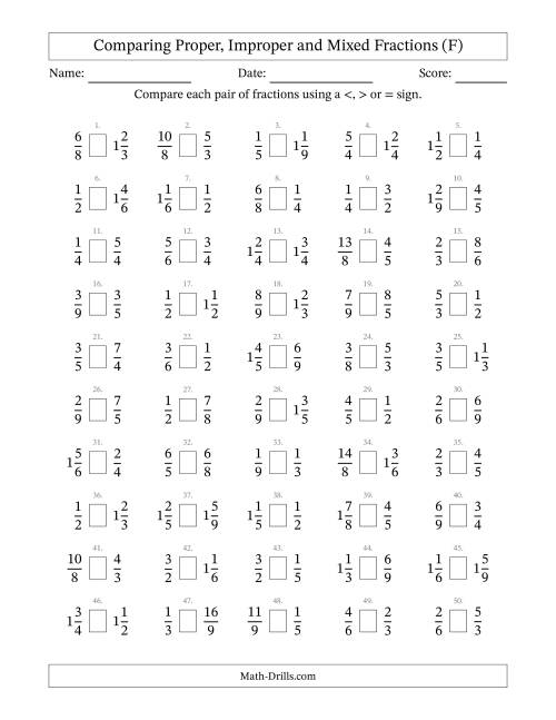 The Comparing Mixed Fractions to 9ths -- No 7ths (F) Math Worksheet