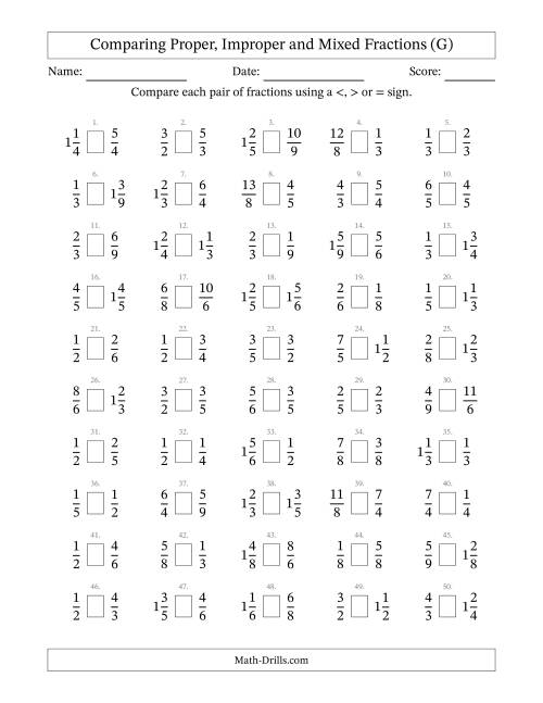 The Comparing Mixed Fractions to 9ths -- No 7ths (G) Math Worksheet