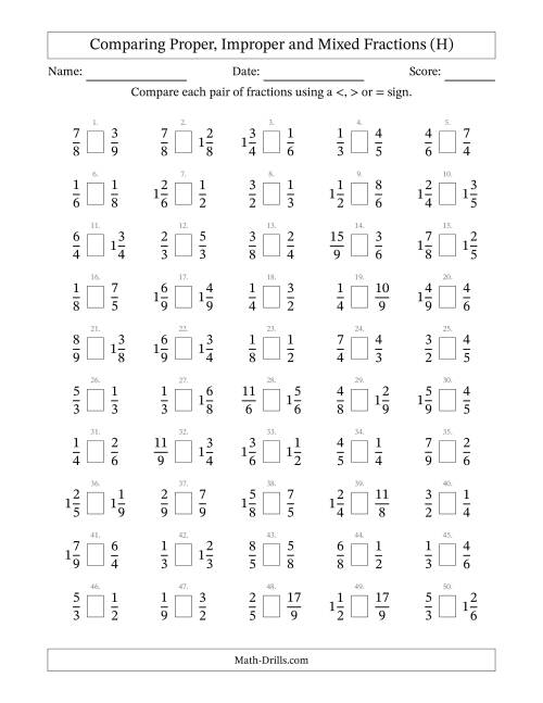 The Comparing Mixed Fractions to 9ths -- No 7ths (H) Math Worksheet