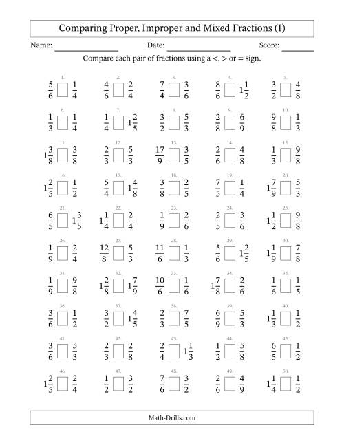 The Comparing Proper, Improper and Mixed Fractions to Ninths (No Sevenths) (I) Math Worksheet