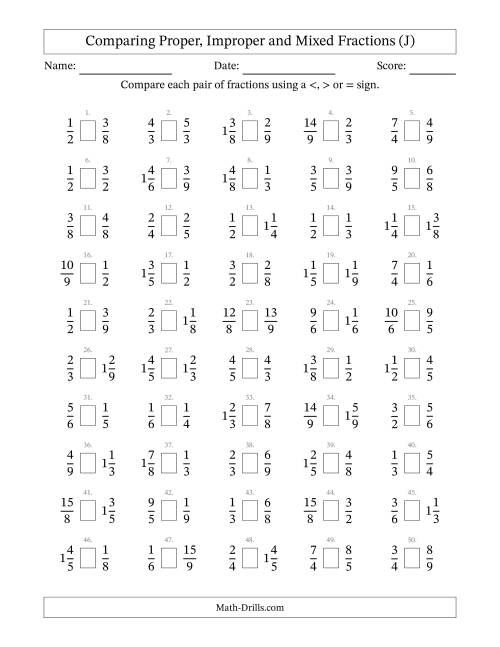The Comparing Mixed Fractions to 9ths -- No 7ths (J) Math Worksheet