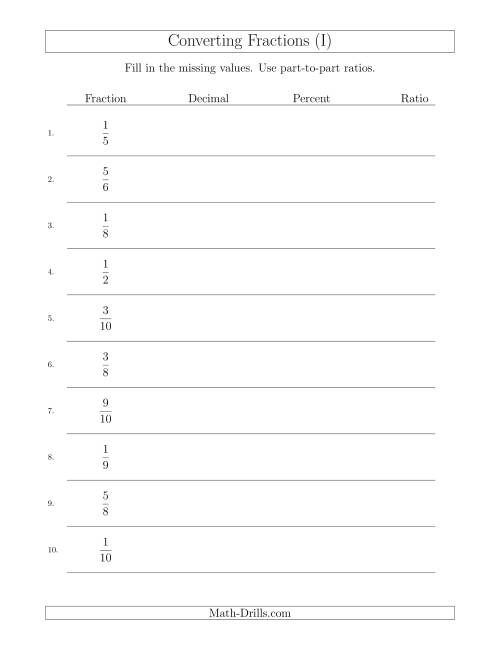 The Converting from Fractions to Decimals, Percents and Part-to-Part Ratios (I) Math Worksheet
