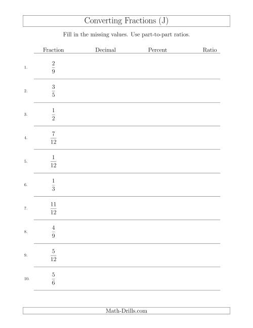 The Converting from Fractions to Decimals, Percents and Part-to-Part Ratios (J) Math Worksheet
