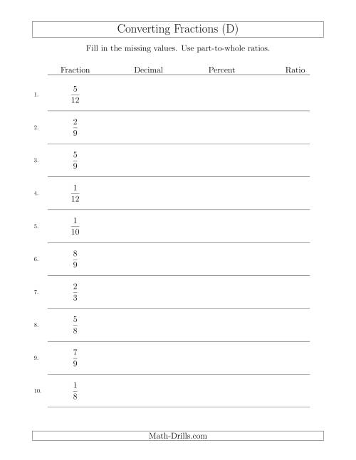 The Converting from Fractions to Decimals, Percents and Part-to-Whole Ratios (D) Math Worksheet