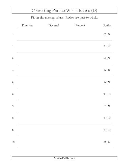The Converting from Part-to-Whole Ratios to Fractions, Decimals and Percents (D) Math Worksheet